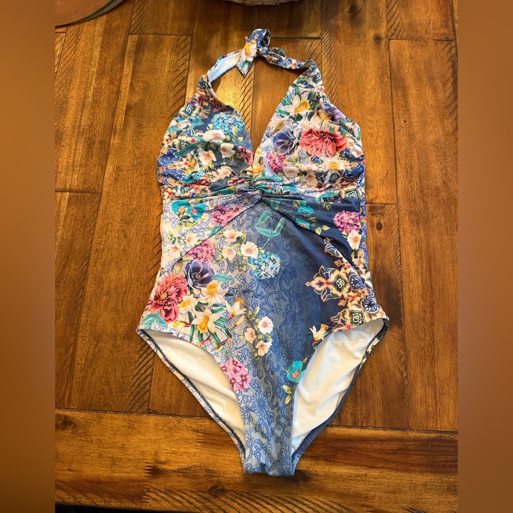 Johnny Was Blue Floral Halter One-Piece Swimsuit